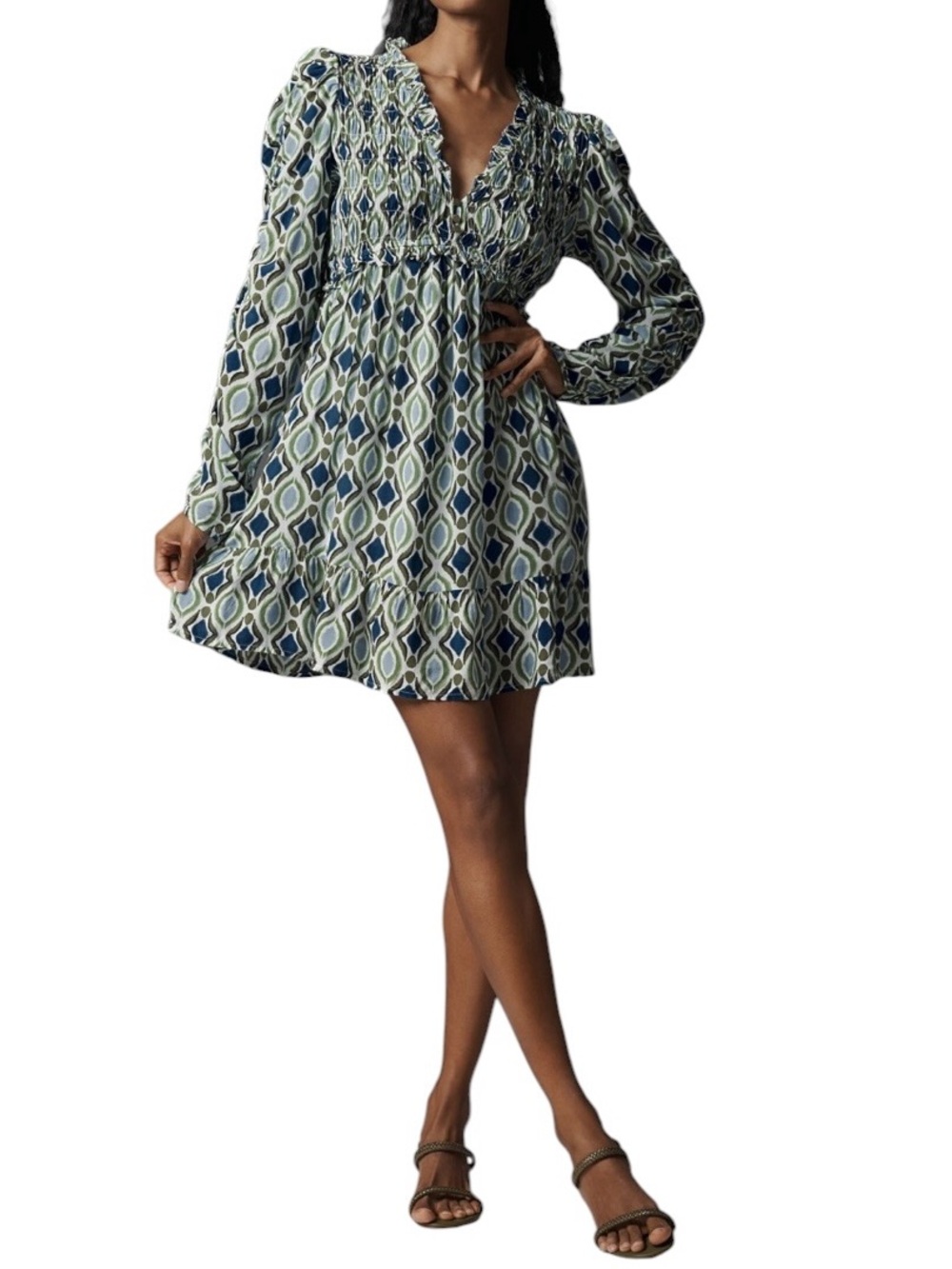 Anthropologie Blue & Green Geometric Long Sleeve Mini Dress